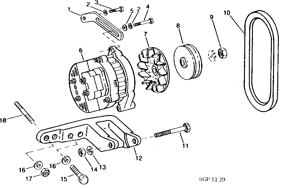 Схема запчастей John Deere 92DLC - 2 - ALTERNATOR, MOUNTING BRACKET, ADJUSTING STRAP AND PULLEY 1672 - ELECTRICAL SYSTEM 16
