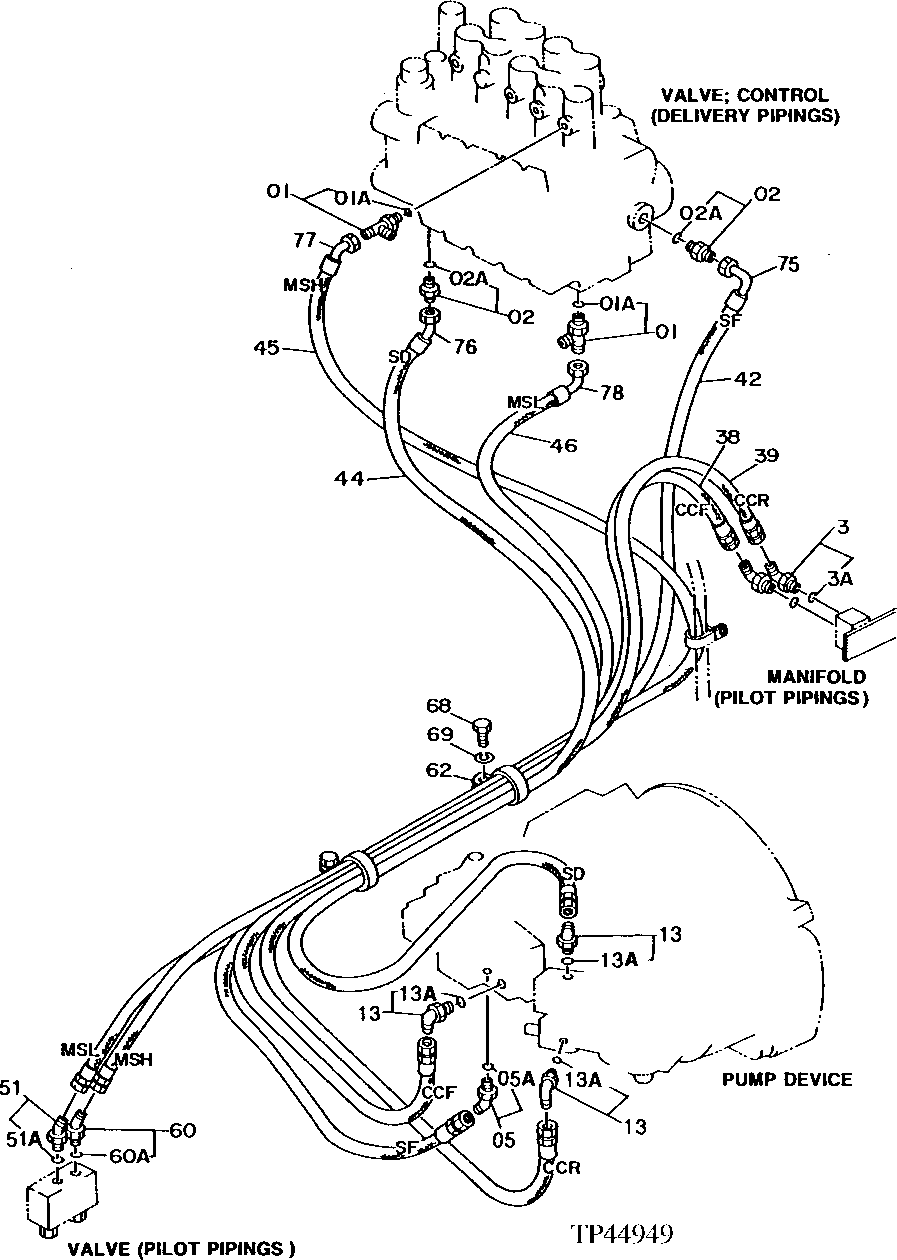 Схема запчастей John Deere 92DLC - 86 - PILOT HYDRAULIC HOSES 3360 - EXCAVATOR 33
