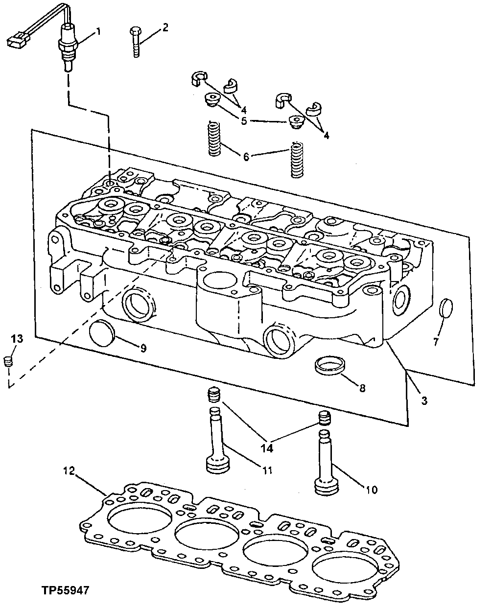 Схема запчастей John Deere 90E - 40 - Cylinder Head, Head Gasket, Valves and Temperature Switch 0409 Cylinder Head and Valves 4045TT009 4045TT009