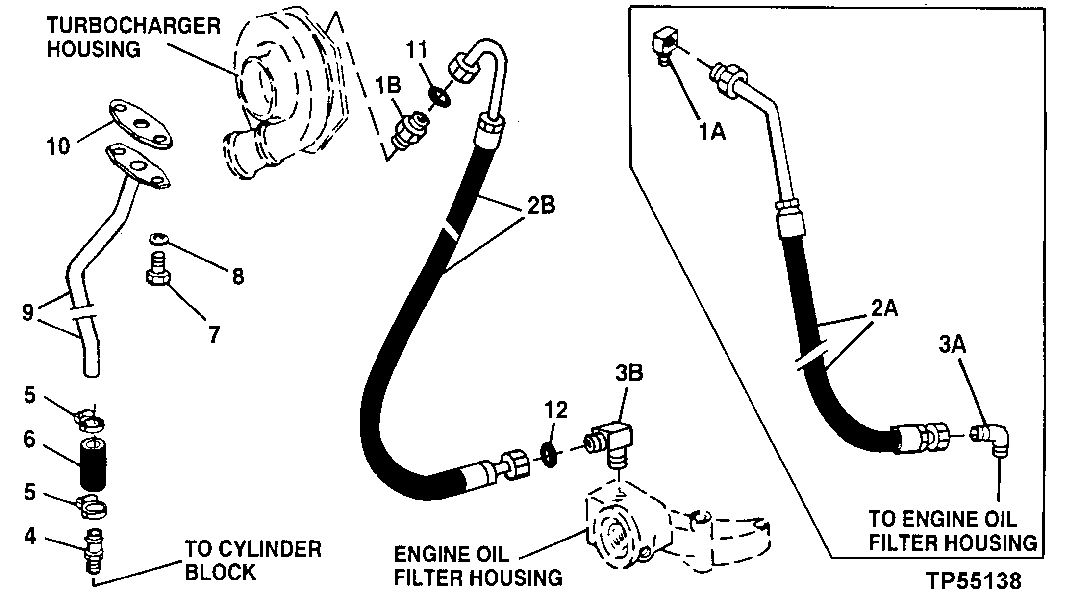 Схема запчастей John Deere 90E - 49 - Turbocharger Oil Lines 0416 Turbocharger 4045TT009 4045TT009