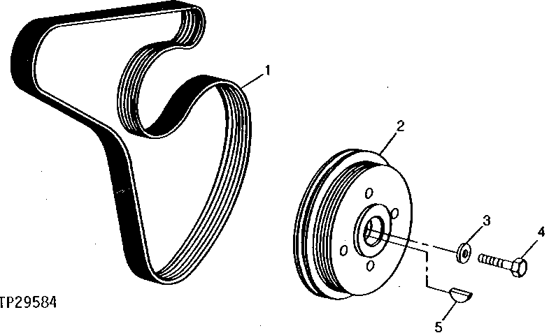 Схема запчастей John Deere 90E - 58 - FAN BELT AND CRANKSHAFT PULLEY 0429 Fan Drive (Damper, Idler, Pulleys, & Belt) 4045TT009 4045TT009