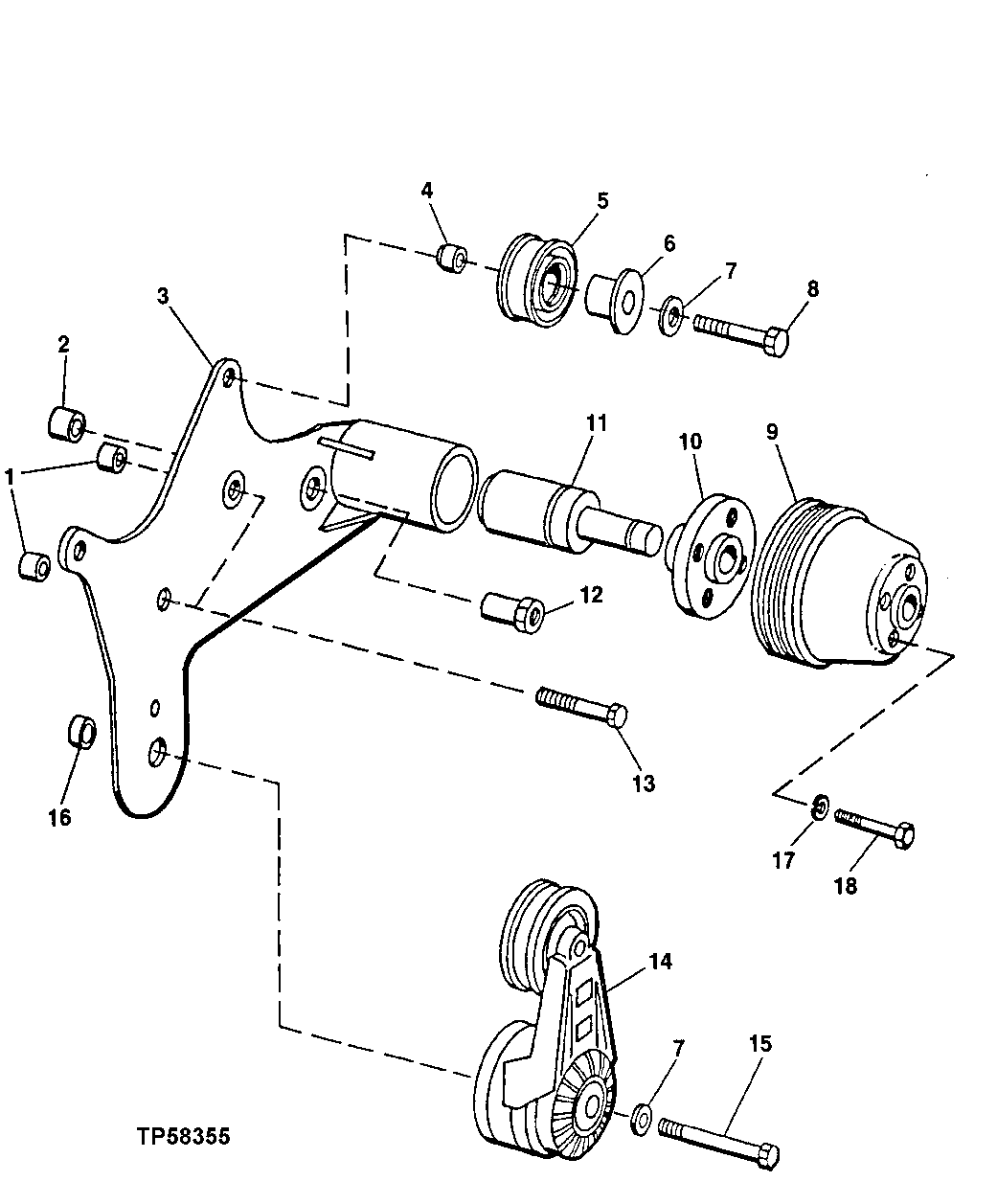 Схема запчастей John Deere 90E - 59 - FAN DRIVE AND PULLEYS 0429 Fan Drive (Damper, Idler, Pulleys, & Belt) 4045TT009 4045TT009