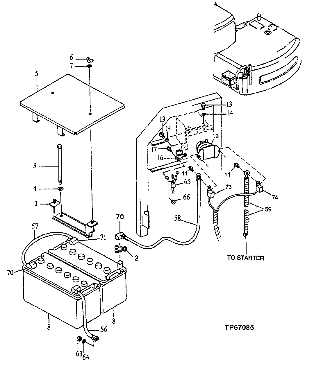 Схема запчастей John Deere 90E - 89 - Battery and Cables 1674 Wiring Harness And Switches