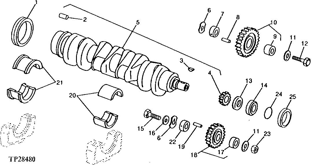 Схема запчастей John Deere 90ELC - 22 - CRANKSHAFT, IDLER GEAR AND MAIN BEARINGS 0401 CRANKSHAFT AND MAIN BEARINGS 6068TT005 6068TT005