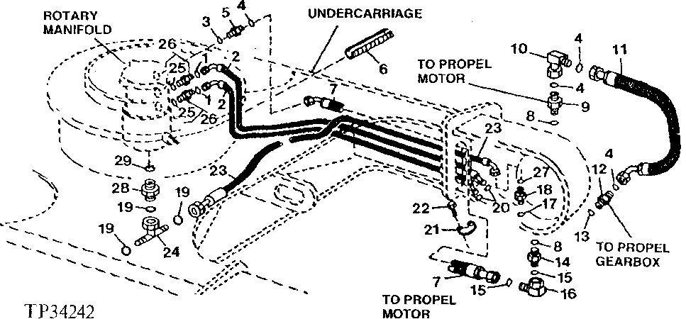 Схема запчастей John Deere 90ELC - 16 - PROPEL MOTOR TO ROTARY MANIFOLD AND GEARBOX HOSES 0260 HYDRAULIC SYSTEM