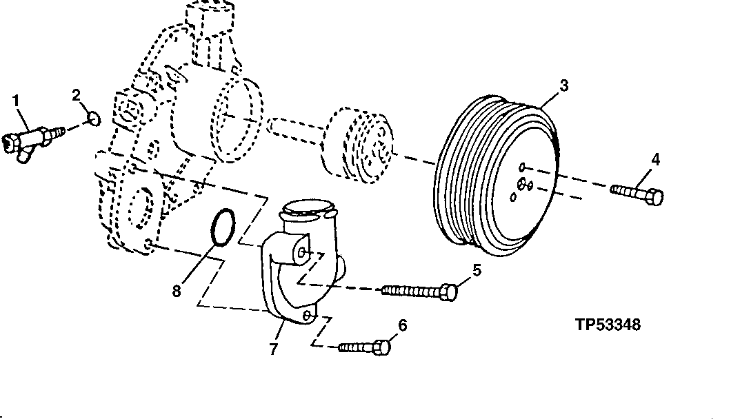 Схема запчастей John Deere 90ELC - 72 - Water Pump Inlet and Pulley 0417 Water Pump 6068TDW07, 6068TDW56 6068TDW07, 6068TDW56