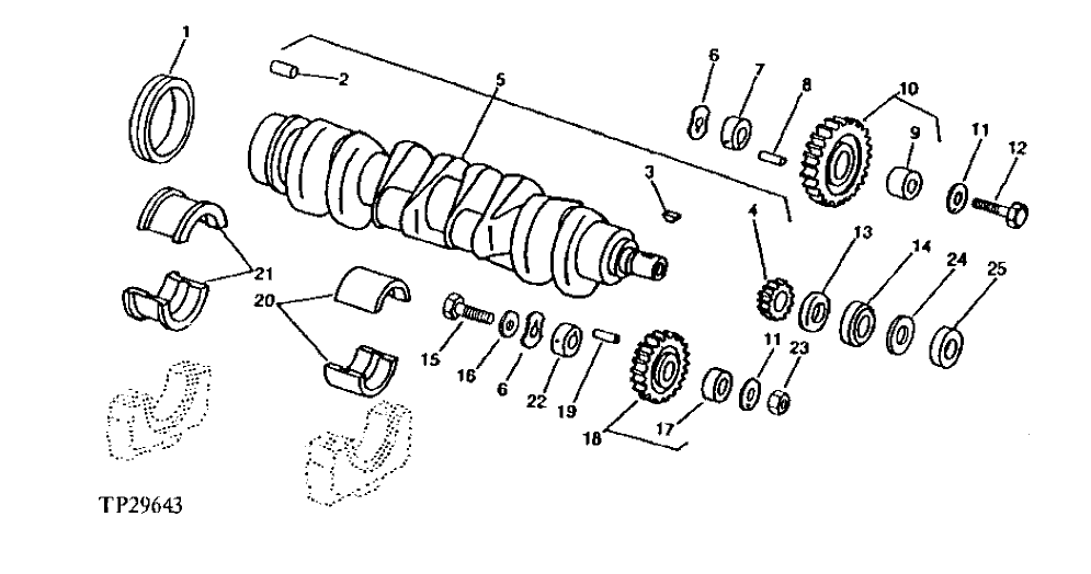 Схема запчастей John Deere 90ELC - 18 - CRANKSHAFT, IDLER GEARS AND MAIN BEARINGS 0401 CRANKSHAFT AND MAIN BEARINGS 6068TDW07, 6068TDW56 ( - 704568) 6068TDW07, 6068TDW56
