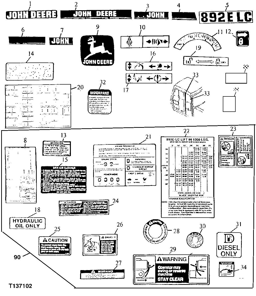 Схема запчастей John Deere 92ELC - 96 - Labels and Decals ( - 010999) 1320 Vehicle Finish & Trim