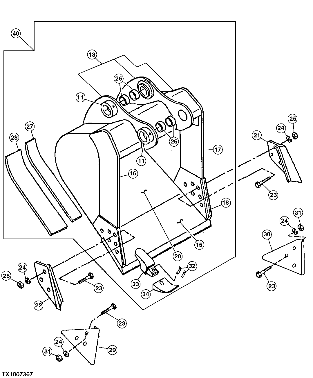Схема запчастей John Deere 92ELC - 214 - Heavy Duty High Capacity Bucket 3302 BUCKETS, TEETH, SHANKS AND SIDECUTTERS