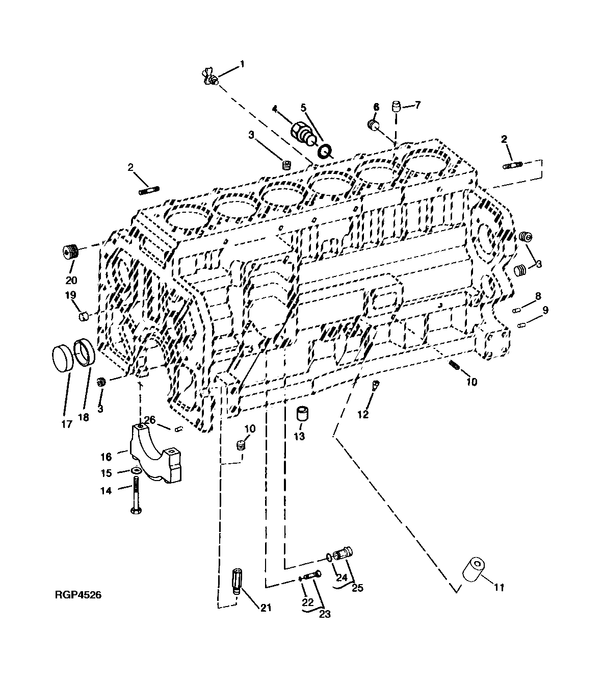 Схема запчастей John Deere 92DLC - 23 - Cylinder Block Fittings And Main Bearing Caps 0404 Cylinder Block 6076AT033 6076AT033