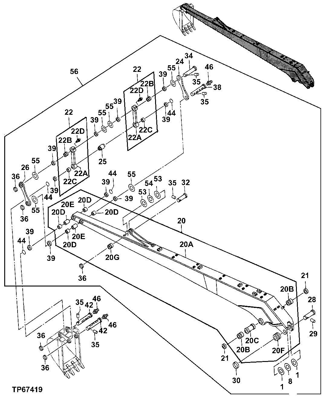 Схема запчастей John Deere 00LC - 303 - SUPER LONG FRONT ARM AND BUCKET LINKAGE 3340 BACKHOE AND EXCAVATOR FRAMES