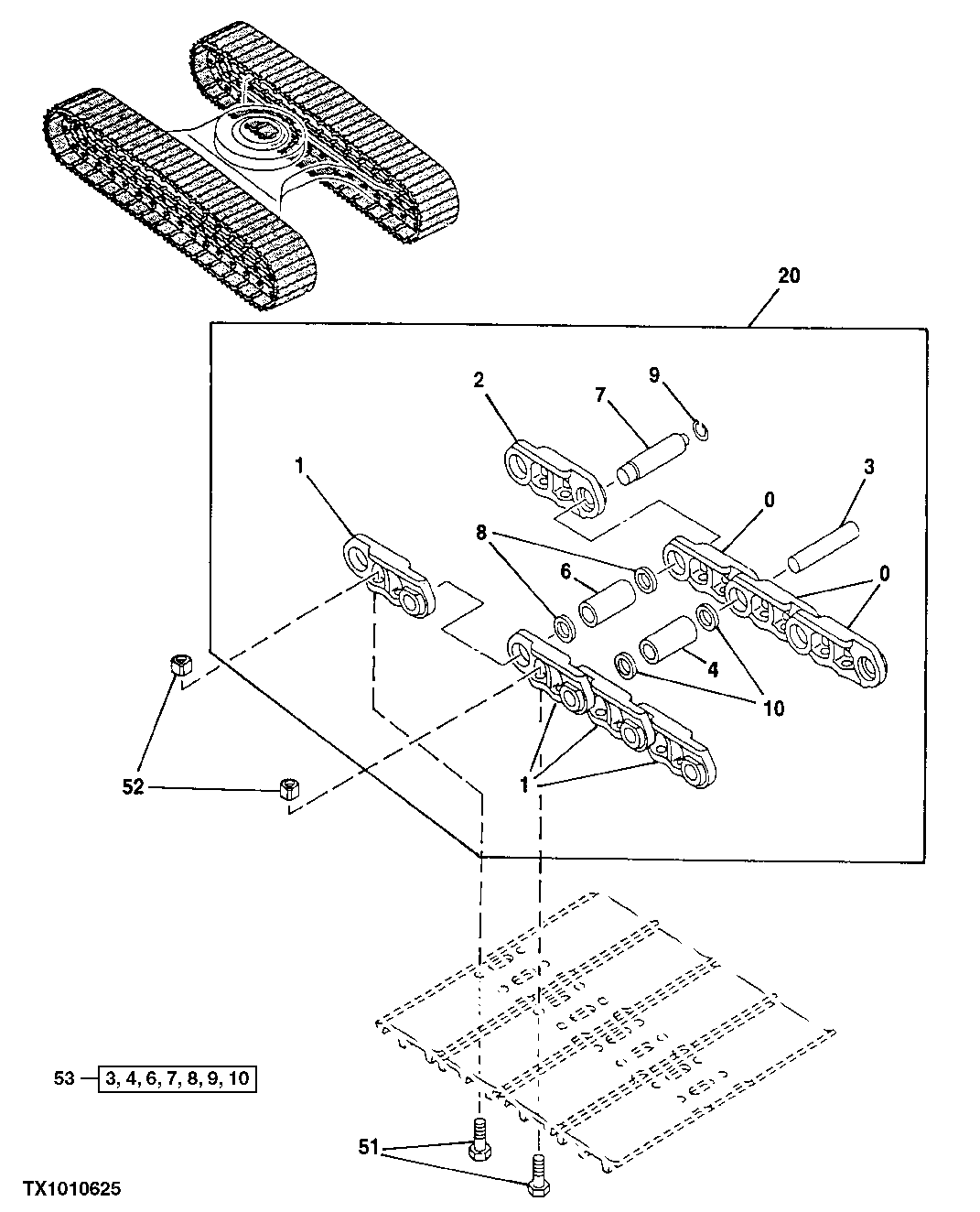 Схема запчастей John Deere 20 - 16 - TRACK LINK CHAIN (175/172MM LONG PINS) (M SEAL) (SN 031438- ) 0130 Track Systems