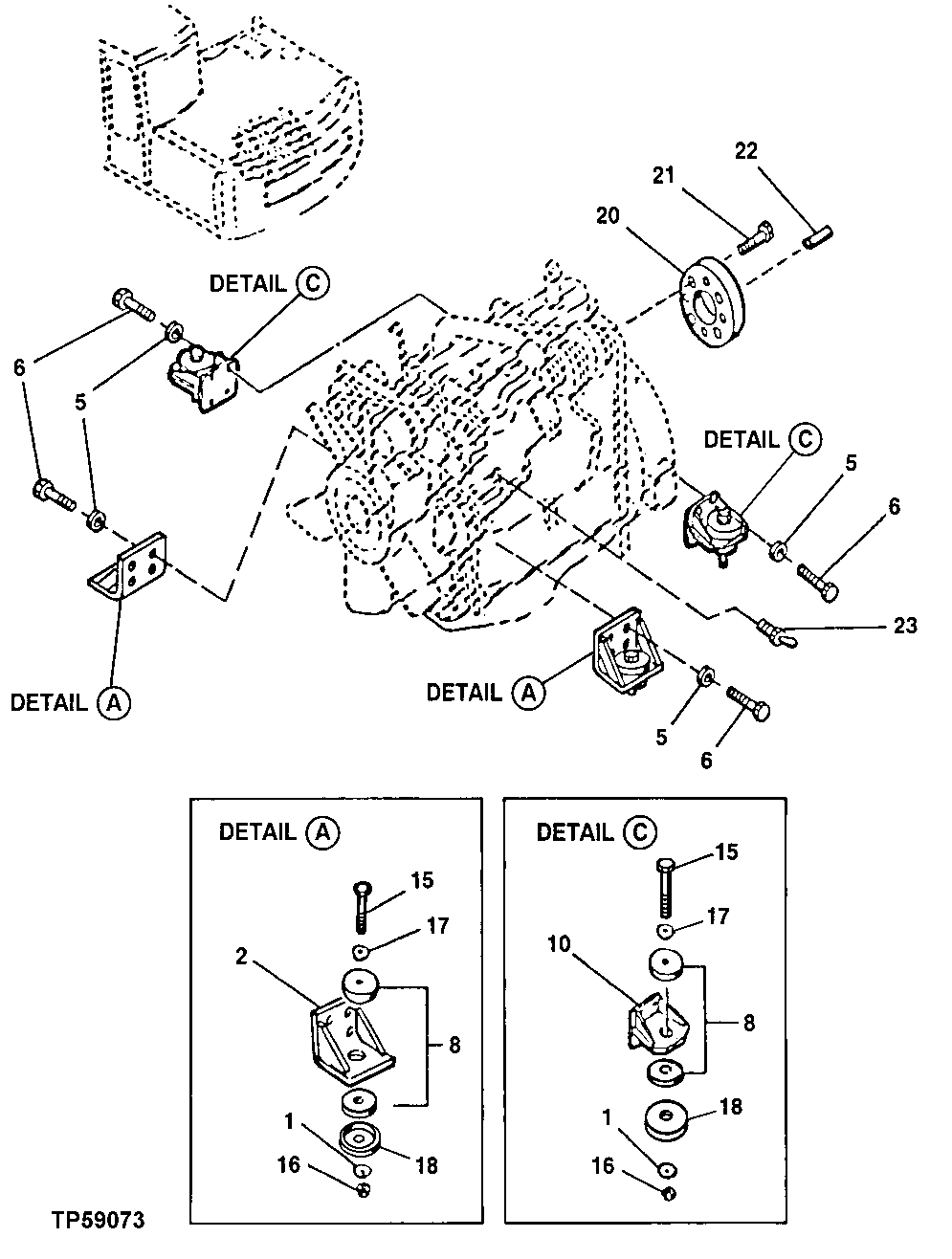 Схема запчастей John Deere 20 - 124 - ENGINE MOUNTING PARTS (PE4045TP051) (ESN 030570- ) (030570 - ) 0400C PE4045TP051 (ESN 026620-151708) - 120 EXCAVATOR PE4045TP051 (026620 - 151708) PE4045TP051