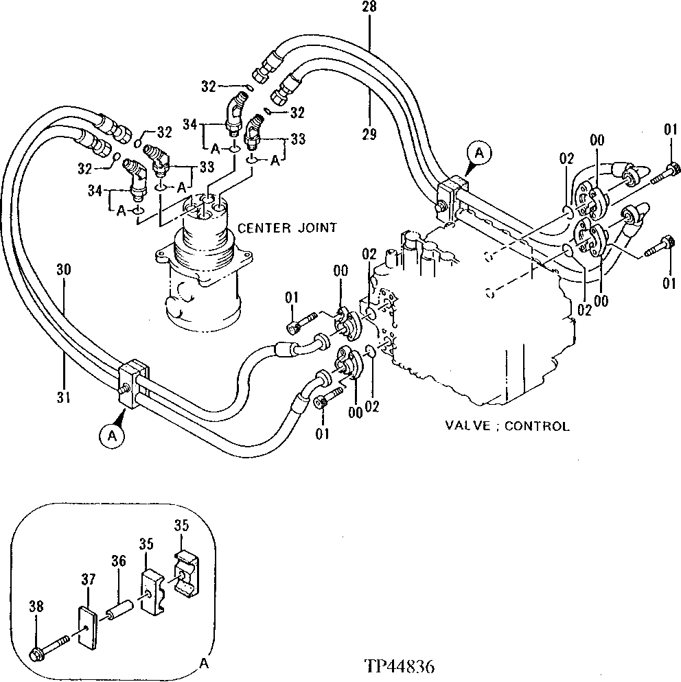Схема запчастей John Deere 50LC - 277 - Pilot Lines From Control Valve To Reservoir and Center Joint 3363 Lines, hoses and fittings