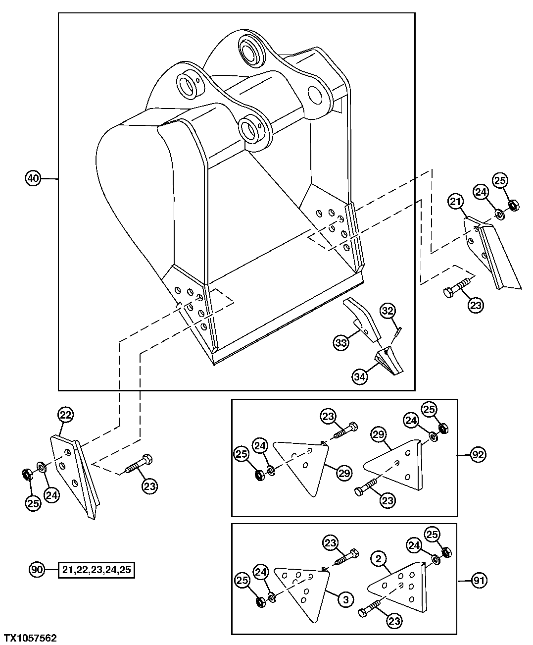 Схема запчастей John Deere 70LC - 188 - Heavy Duty High Capacity Bucket 3302 BUCKETS, TEETH, SHANKS AND SIDECUTTERS