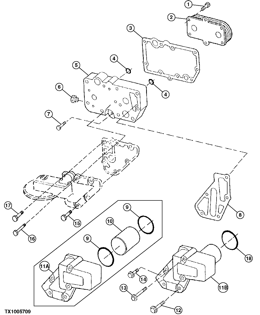 Схема запчастей John Deere 10 - 98 - Engine Oil Cooler (704562 - 803026) 0419B Engine Oil Cooler 4045TT054 4045TT054