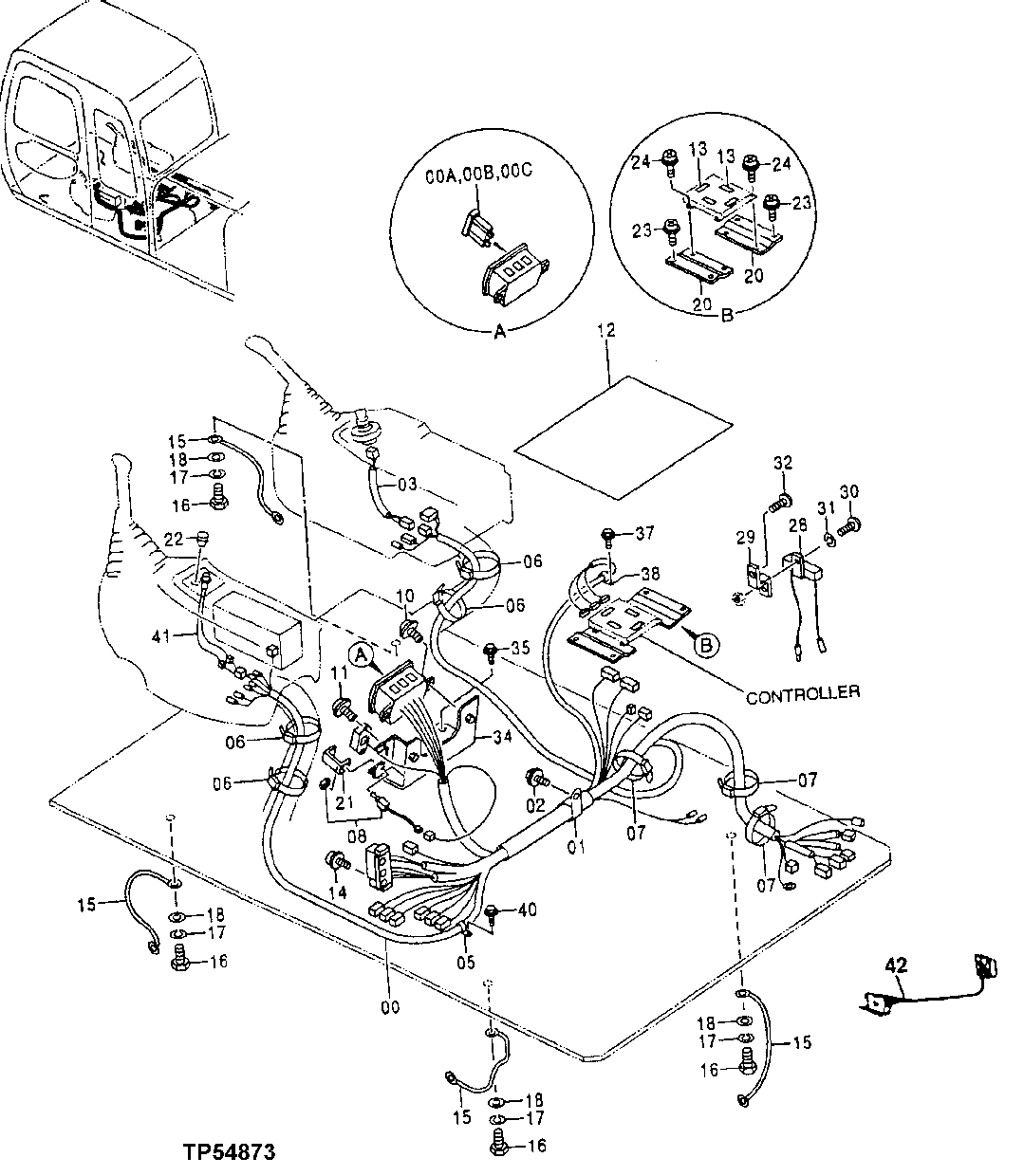 Схема запчастей John Deere 30LC/370 - 112 - ELECTRIC PARTS 1674 Wiring Harness And Switches
