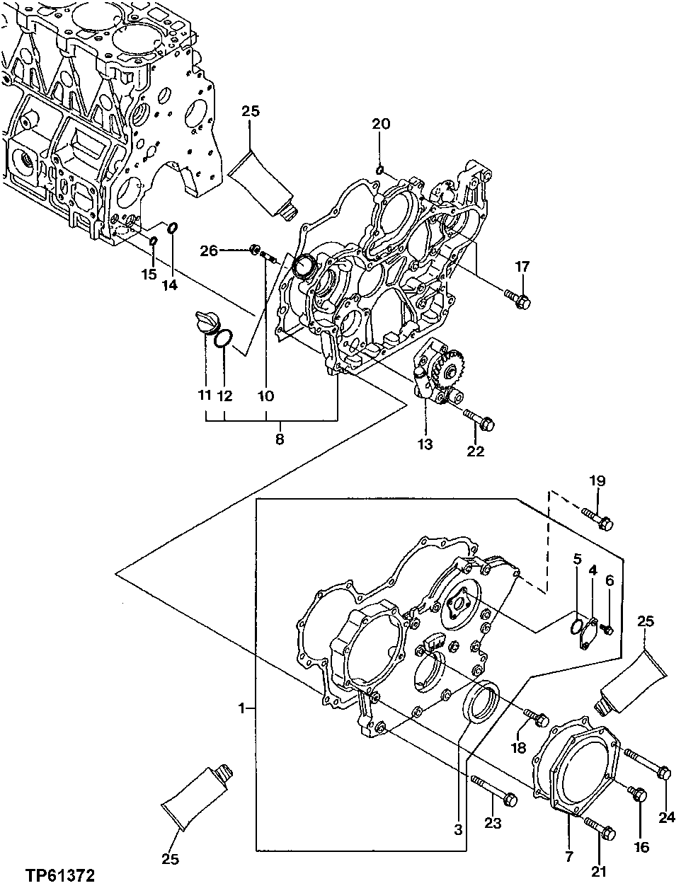 Схема запчастей John Deere 0 - 25 - TIMING GEAR COVER, OIL PUMP, AND OIL FILLER CAP 0402 Camshaft And Valve Actuating Means
