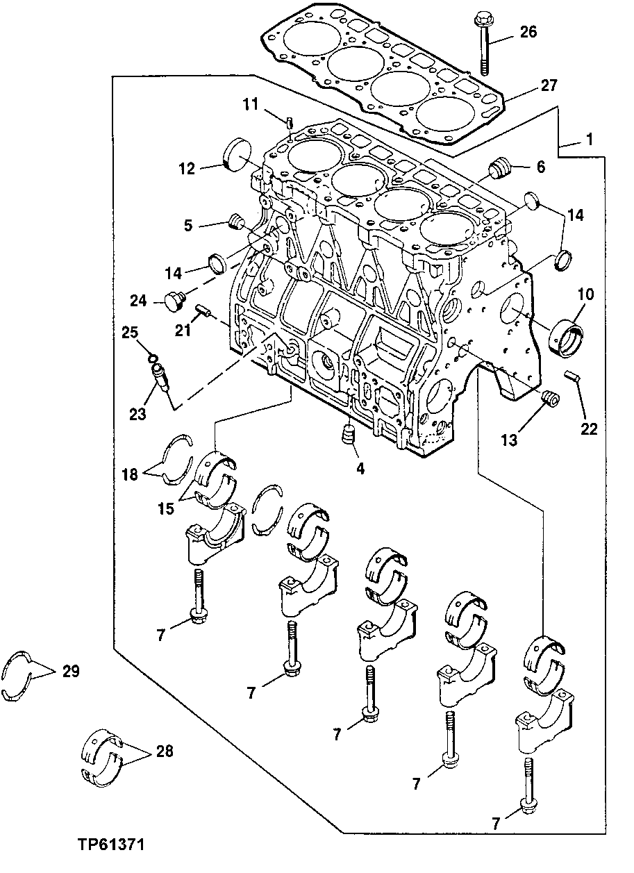 Схема запчастей John Deere 0 - 27 - Engine Cylinder Block and Main Bearing Caps 0404 Cylinder Block