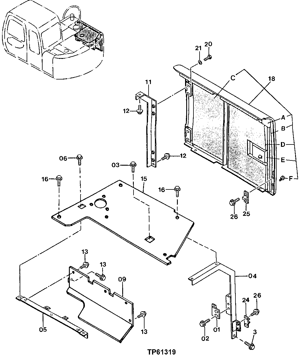Схема запчастей John Deere 0 - 108 - Hydraulic Pump Compartment Top Cover and Supports 1910 Hood Or Engine Enclosure