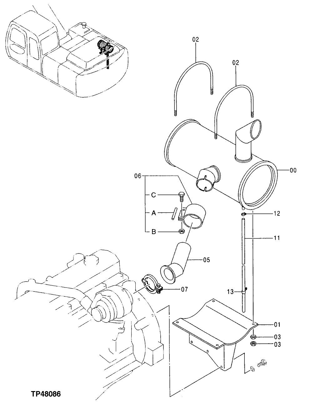 Схема запчастей John Deere 30LCR - 170 - MUFFLER AND EXHAUST PIPE 0530 External Exhaust Systems
