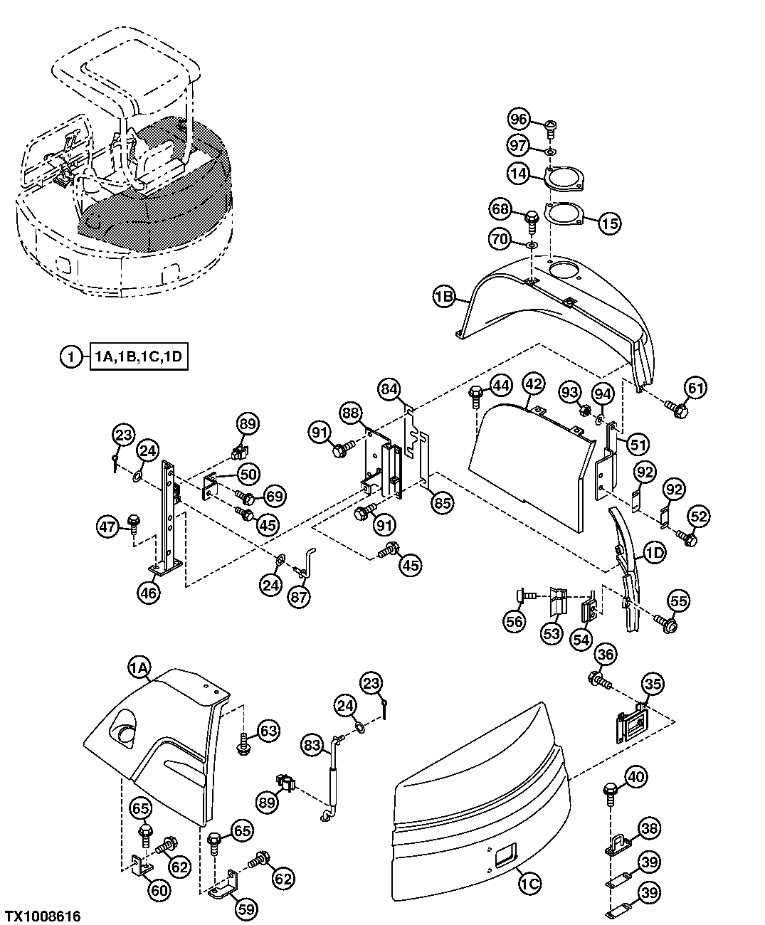 Схема запчастей John Deere 0ZTS - 94 - Cover 1910 Hood Or Engine Enclosure