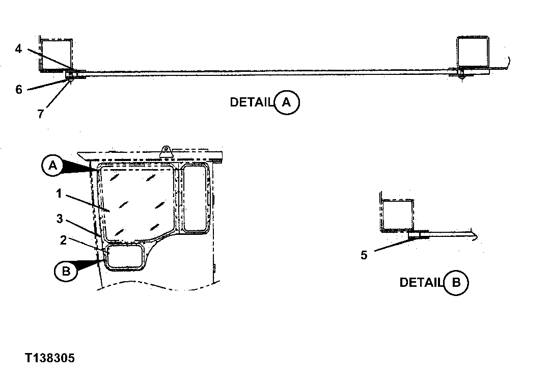 Схема запчастей John Deere 330LC, 370 - 86 - REAR ENTRY CAB LEFT FRONT WINDOWS (OSHA) 1810B Operator Enclosure (Rear Entry)