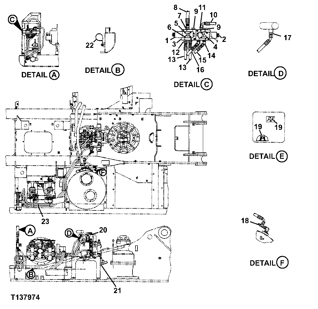 Схема запчастей John Deere 330LC, 370 - 170 - Auxiliary And Rotate Butt-N-Top For Entry Cab (Heeler) 3360B Hydraulic System (Rear Entry Cab)