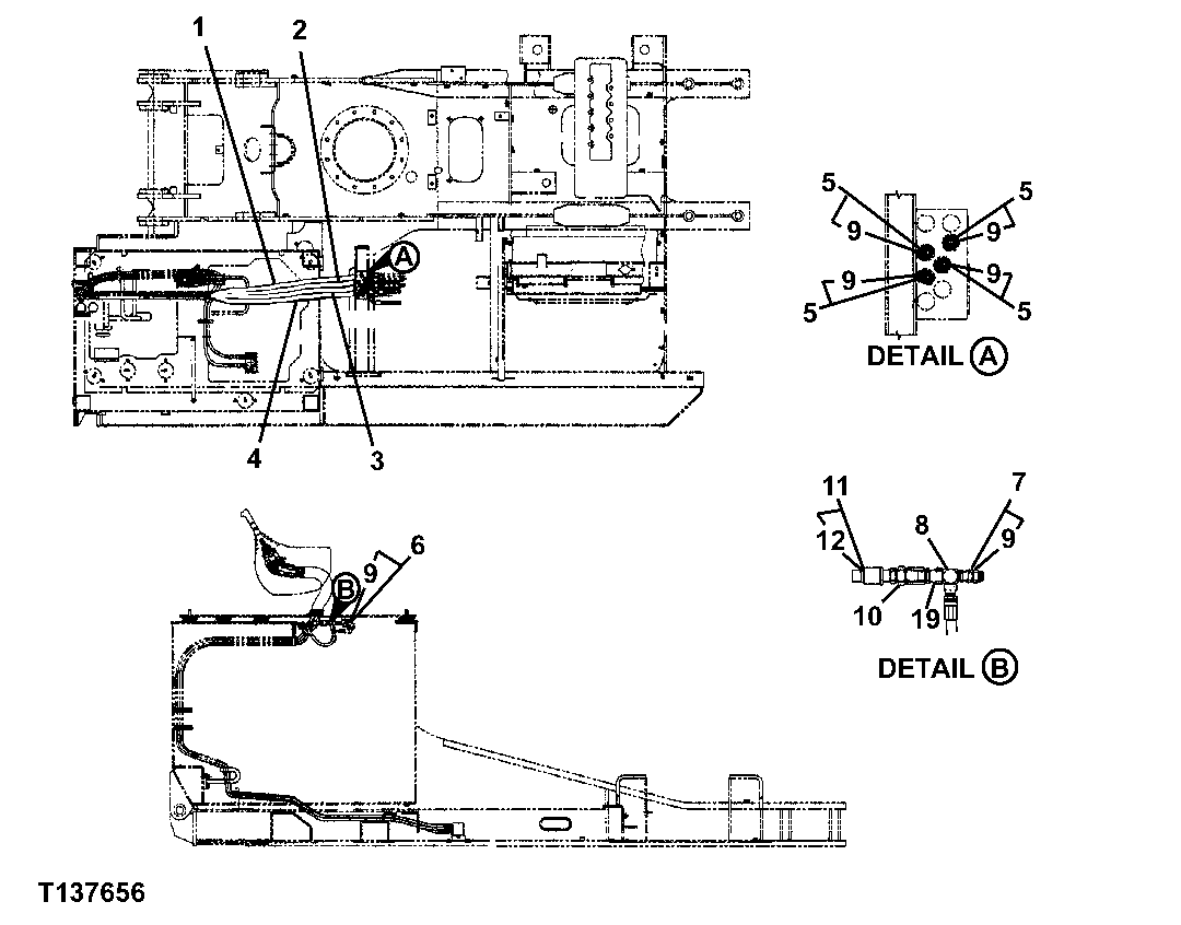 Схема запчастей John Deere 330LC, 370 - 185 - Right Joystick Pilot Piping For Roadbuilder With 48 Inch Riser And Heeler 3360D Hydraulic System (Roadbuilder Cab)