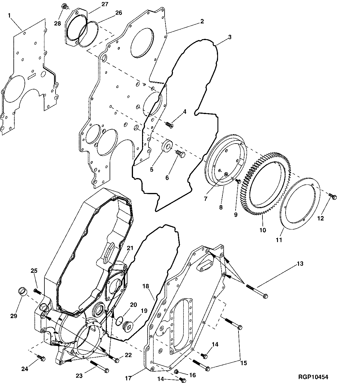 Схема запчастей John Deere 50CLC - 57 - 7704 TIMING GEAR COVER 0400 Engine 6125HT001-RG29624 6125HT001