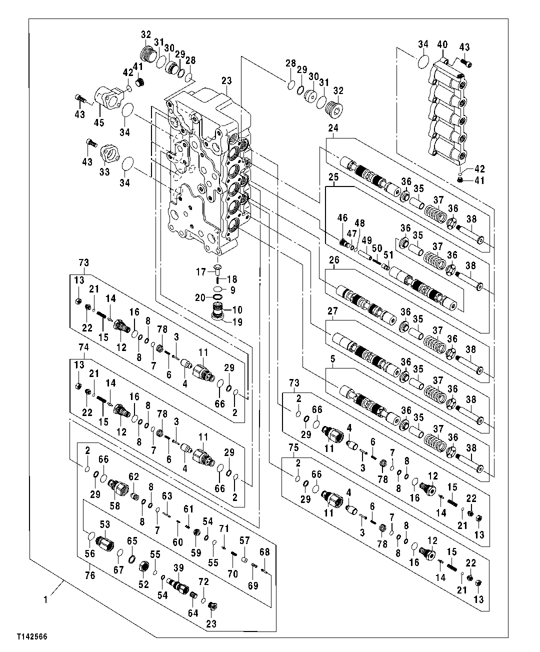 Схема запчастей John Deere 50CLC - 257 - MAIN HYDRAULIC CONTROL VALVE (5-SPOOL SIDE) (CONTINUED) 3360 HYDRAULIC SYSTEM