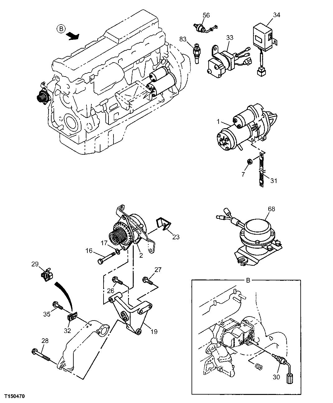 Схема запчастей John Deere 00C LC - 45 - ALTERNATOR AND STARTER MOUNTING 0423 ALTERNATOR AND GENERATOR MOUNTING