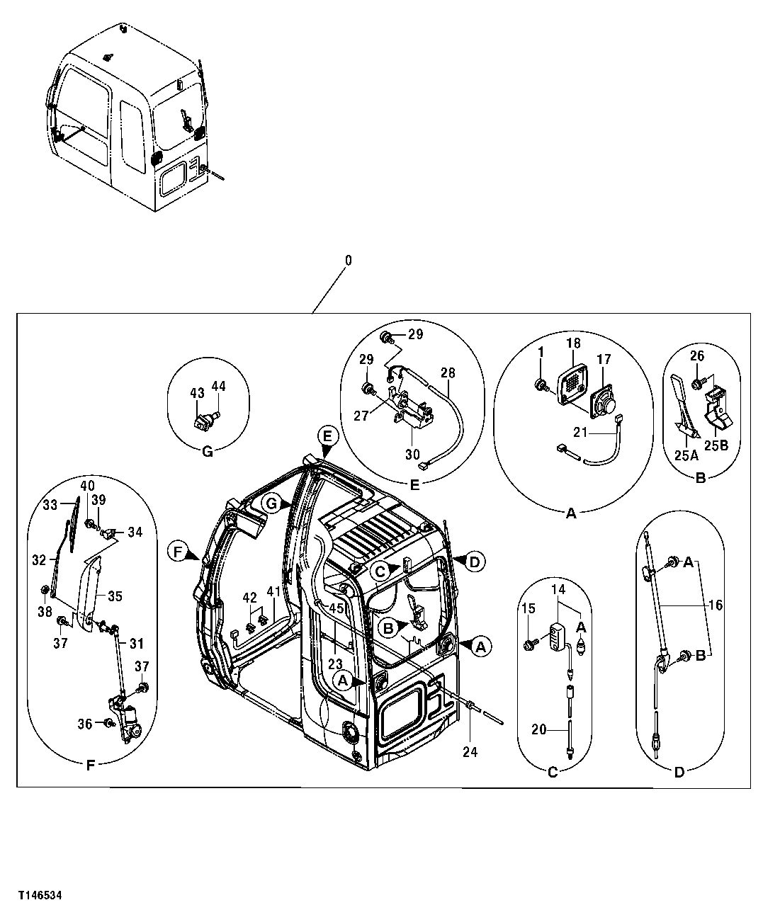 Схема запчастей John Deere 00C LC - 90 - CAB COMPONENTS (WIPER ARMS, WIPER MOTORS, RADIO ANTENNA AND SPEAKERS) 1810 OPERATOR ENCLOSURE