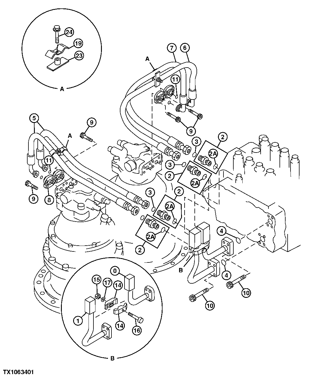 Схема запчастей John Deere 00C LC - 218 - MAIN HYDRAULIC LINES 3363 LINES, HOSES AND FITTINGS