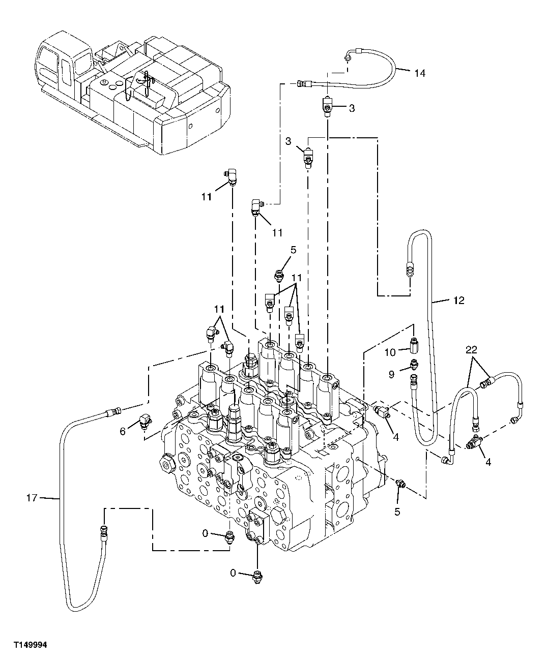Схема запчастей John Deere 00C LC - 224 - CONTROL VALVE HYDRAULIC LINES 3363 LINES, HOSES AND FITTINGS