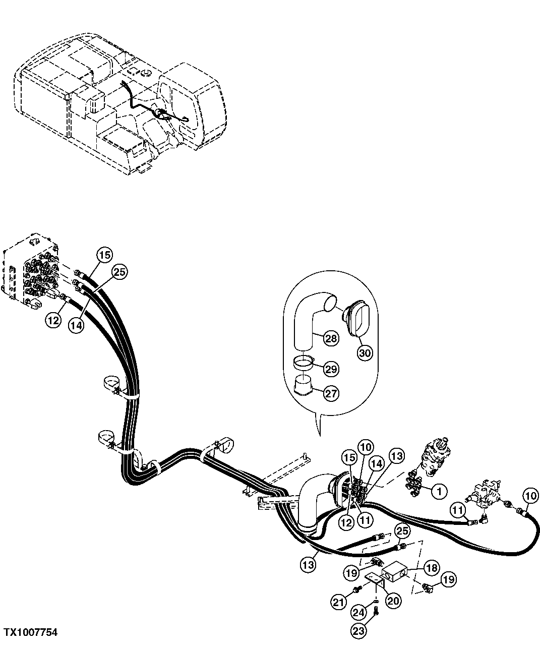 Схема запчастей John Deere 00C LC - 232 - PILOT HYDRAULIC LINES (RIGHT PILOT CONTROLLER) 3363 LINES, HOSES AND FITTINGS