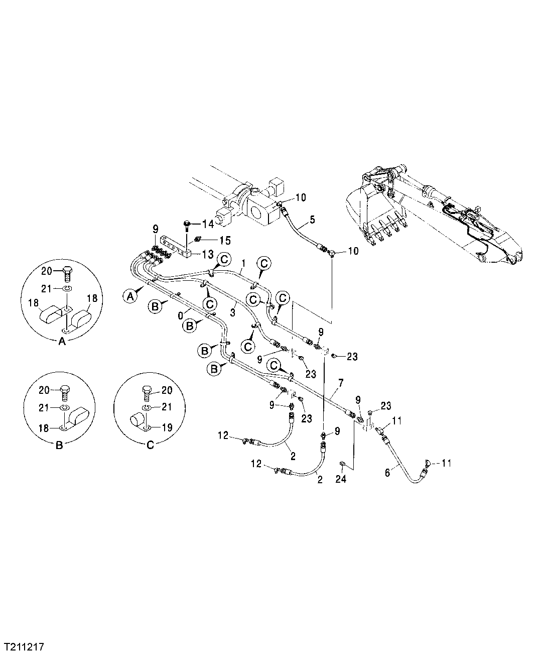Схема запчастей John Deere 00C LC - 240 - LUBRICATION HOSES (SEMI-LONG ARM) 3363 LINES, HOSES AND FITTINGS