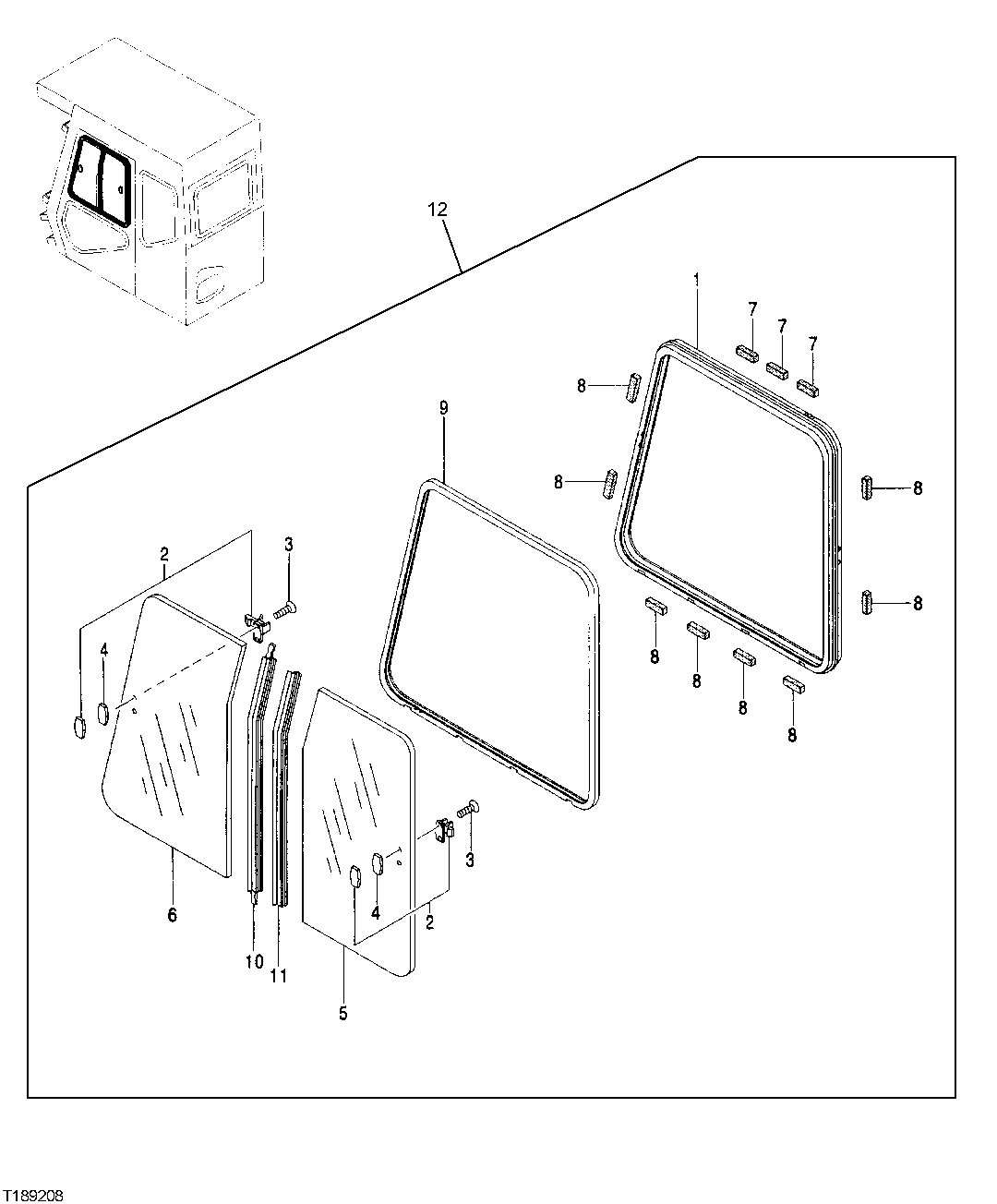Схема запчастей John Deere 00C - 181 - CAB DOOR WINDOW COMPONENTS (CAB WITH INTEGRATED HEADGUARD) 1810 OPERATOR ENCLOSURE