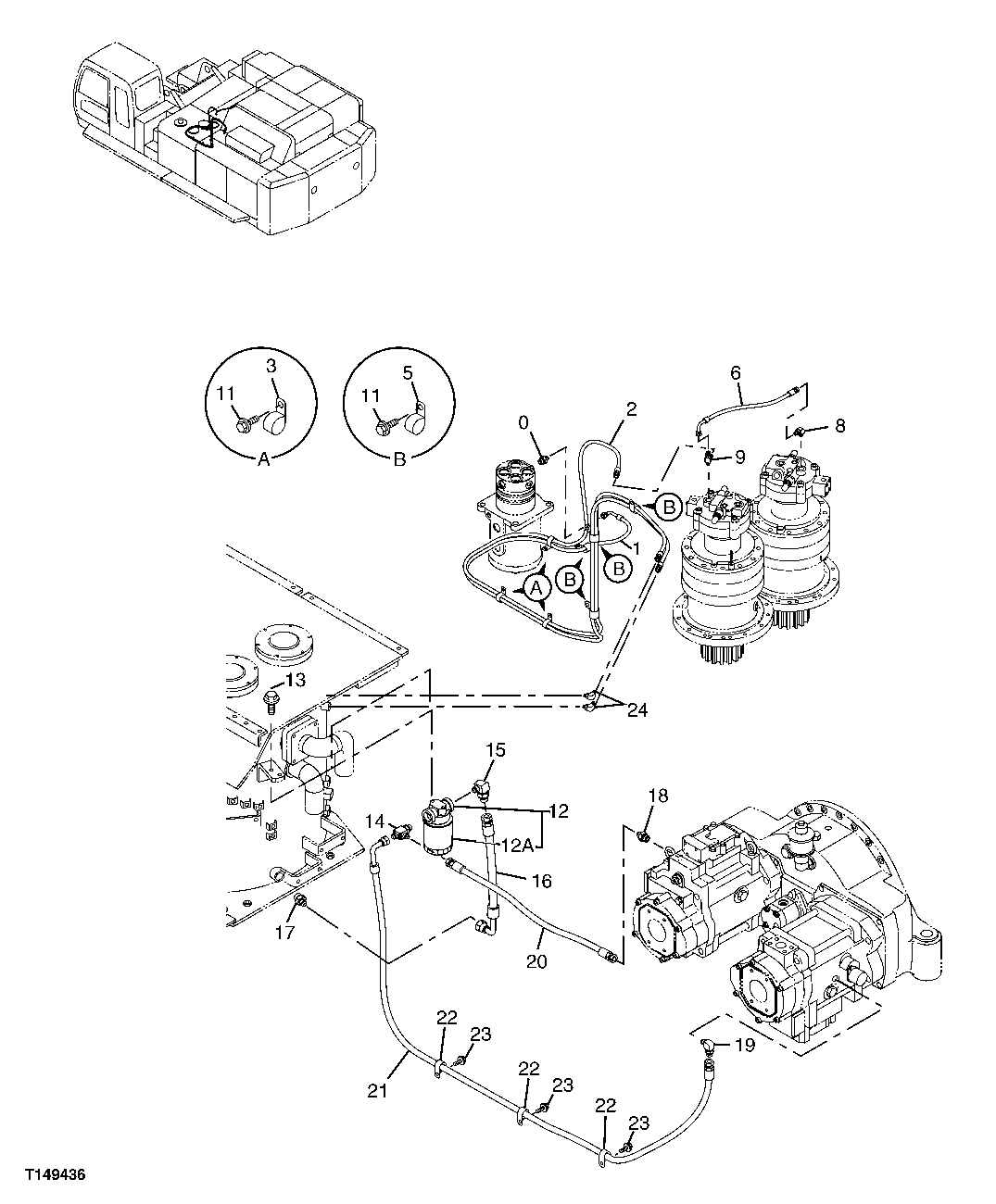 Схема запчастей John Deere 00C - 301 - DRAIN HYDRAULIC LINES 3363 LINES, HOSES AND FITTINGS