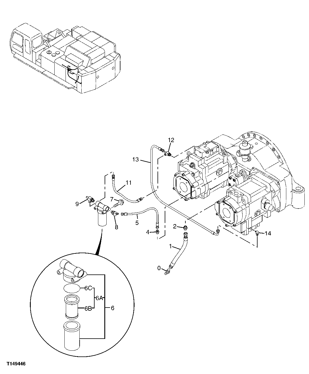 Схема запчастей John Deere 00C - 302 - PILOT HYDRAULIC LINES 3363 LINES, HOSES AND FITTINGS