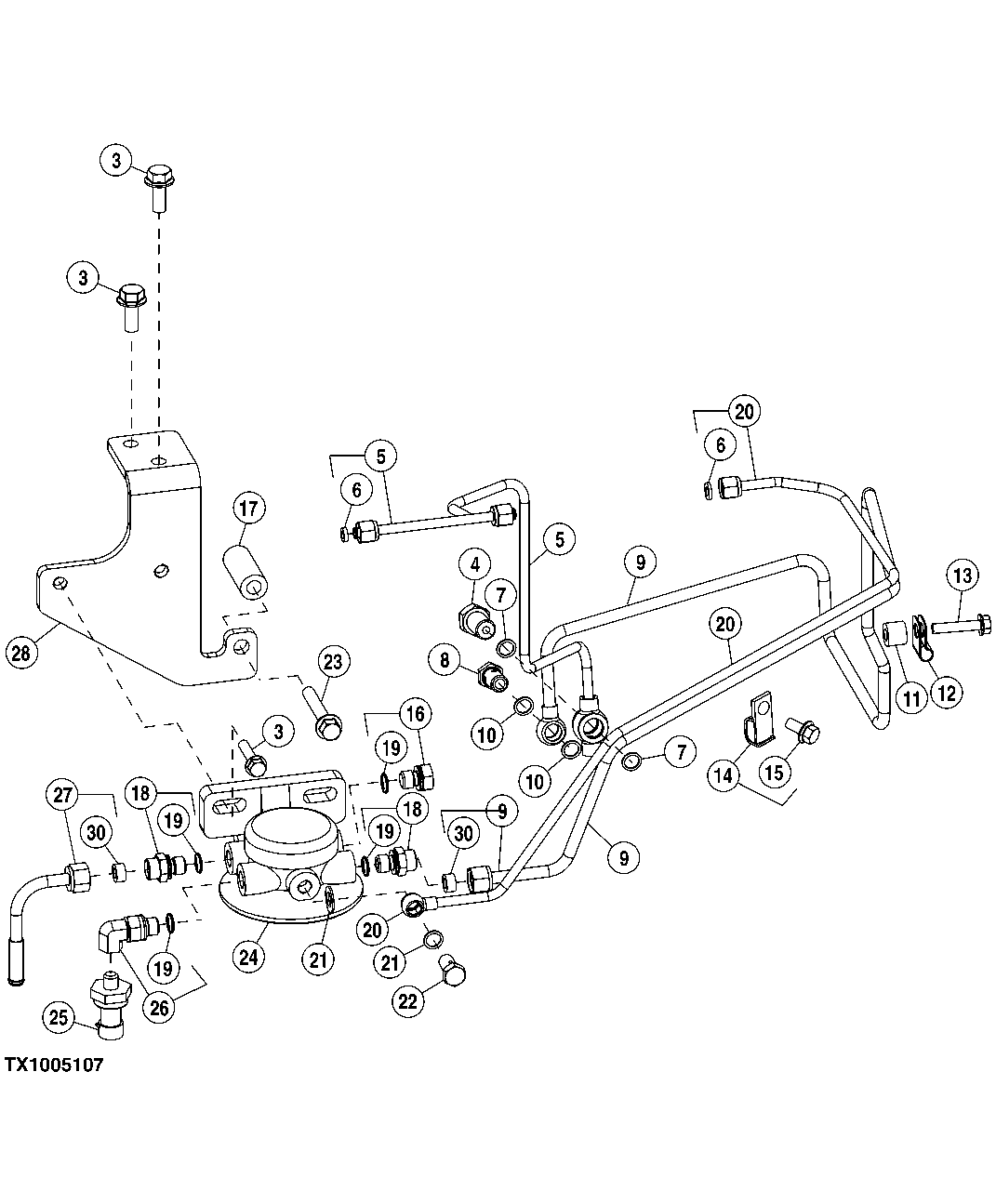 Схема запчастей John Deere 00CLC - 42 - 35AL FINAL FUEL FILTER, FUEL LINE, BRACKET 0400A Engine 6068HT053 6068HT053