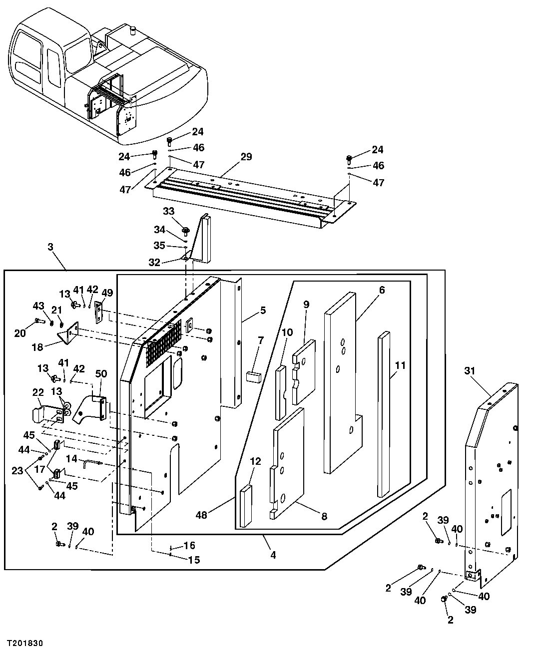 Схема запчастей John Deere 00CLC - 219 - RADIATOR COMPARTMENT PANELS, COVER AND ISOLATORS 1910 HOOD OR ENGINE ENCLOSURE