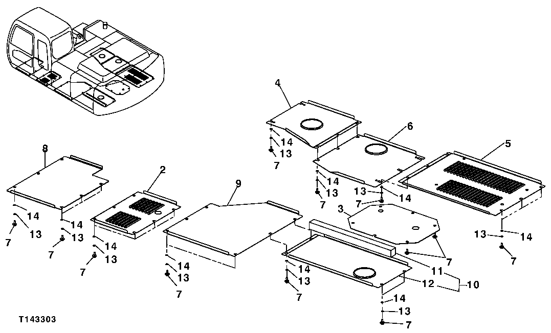 Схема запчастей John Deere 00CLC - 225 - BOTTOM PROTECTION COVERS 1910 HOOD OR ENGINE ENCLOSURE