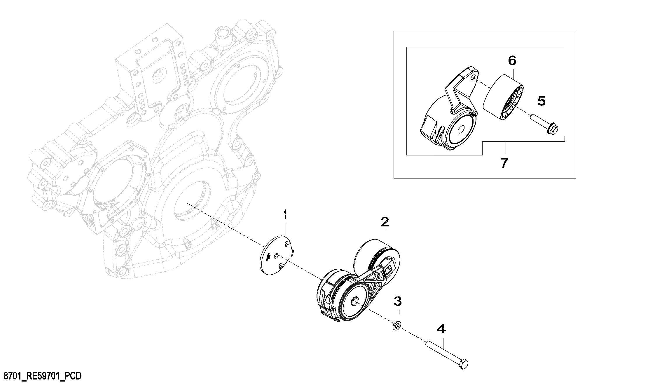 Схема запчастей John Deere 30CLC - 63 - 8701 Belt Tensioner 0400 Engine 6068HT054-RE507967 6068HT054