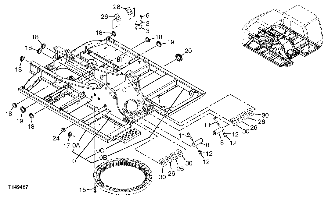 Схема запчастей John Deere 20C - 102 - MAIN FRAME AND BOOM CYLINDER PINS 1740 FRAME INSTALLATION