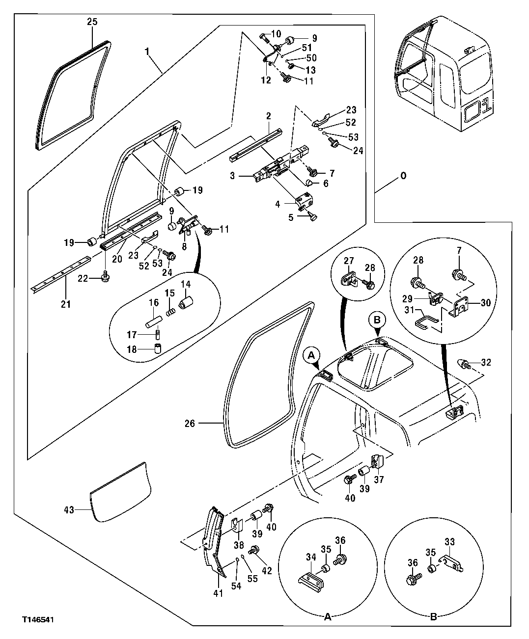 Схема запчастей John Deere 20C - 115 - CAB FRONT WINDOWS, HANDLES, AND OPENING TRACKS 1810 OPERATOR ENCLOSURE