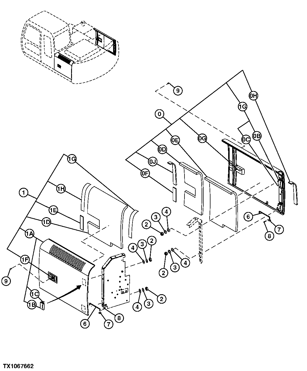 Схема запчастей John Deere 20C - 143 - RADIATOR AND PUMP COMPARTMENT ACCESS DOORS 1910 HOOD OR ENGINE ENCLOSURE