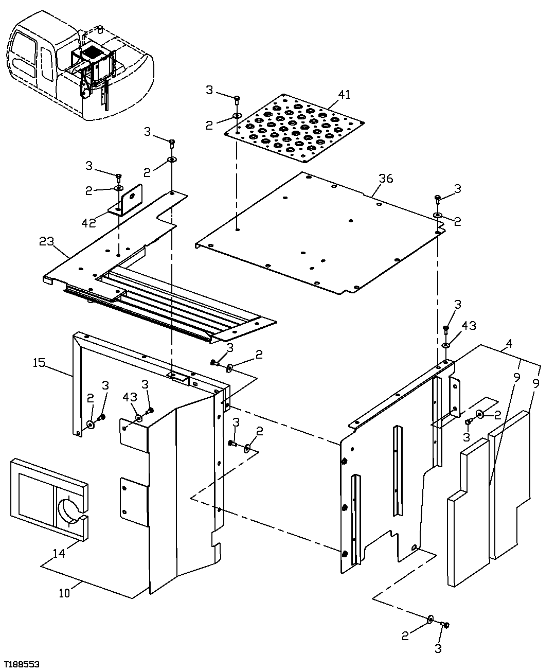 Схема запчастей John Deere 20C - 145 - RADIATOR COMPARTMENT AND FRONT MIDDLE DECK COVER 1910 HOOD OR ENGINE ENCLOSURE
