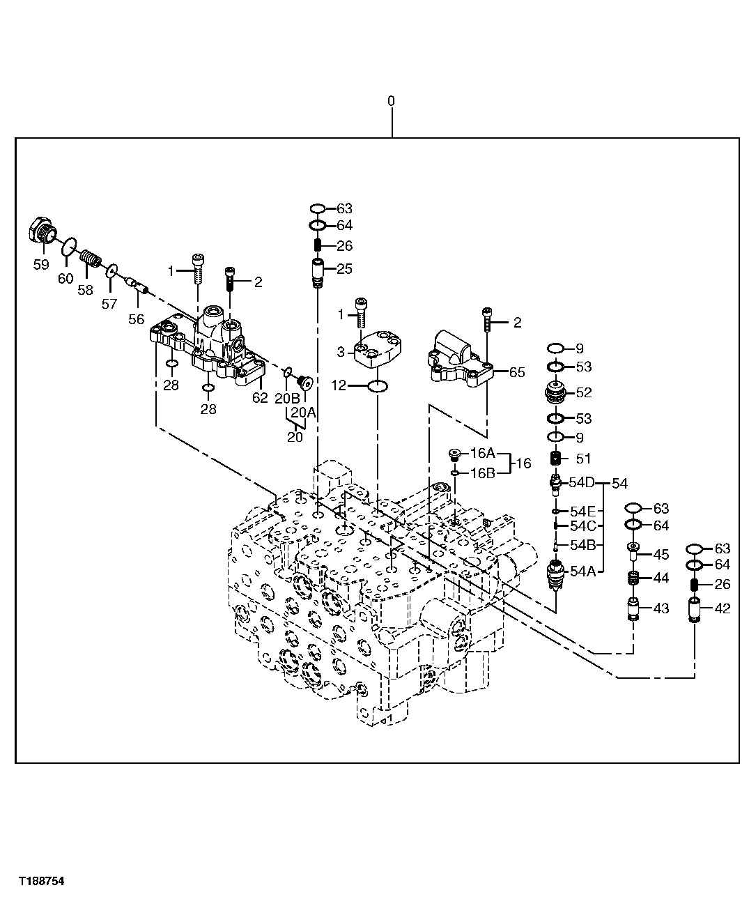 Схема запчастей John Deere 20C - 210 - CONTROL VALVE COMPONENTS (5-SPOOL SIDE) 3362 CONTROL & LOAD HOLDING VALVES