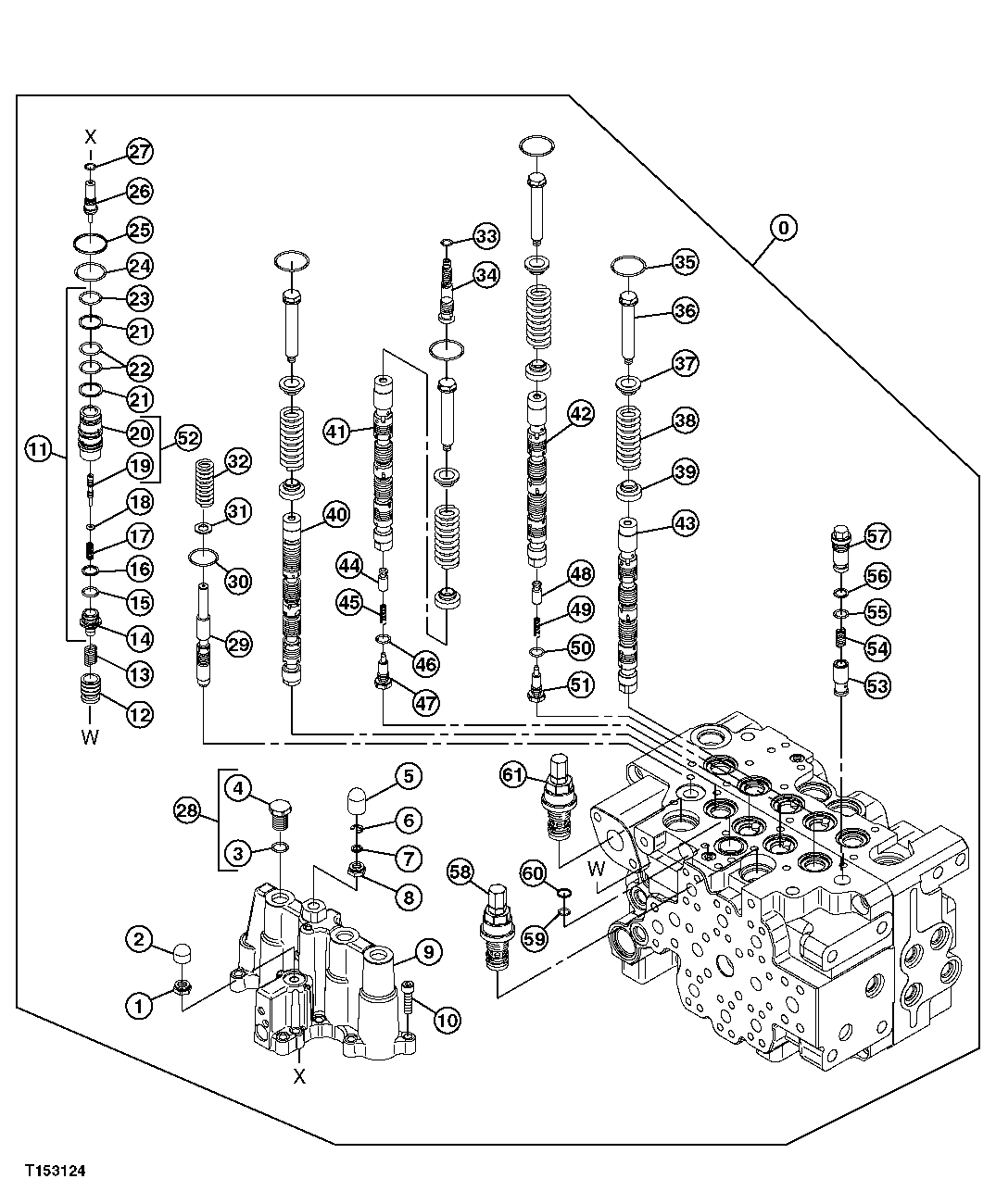 Схема запчастей John Deere 20C - 213 - CONTROL VALVE COMPONENTS (TOP SPOOLS, 4-SPOOL SIDE) 3362 CONTROL & LOAD HOLDING VALVES